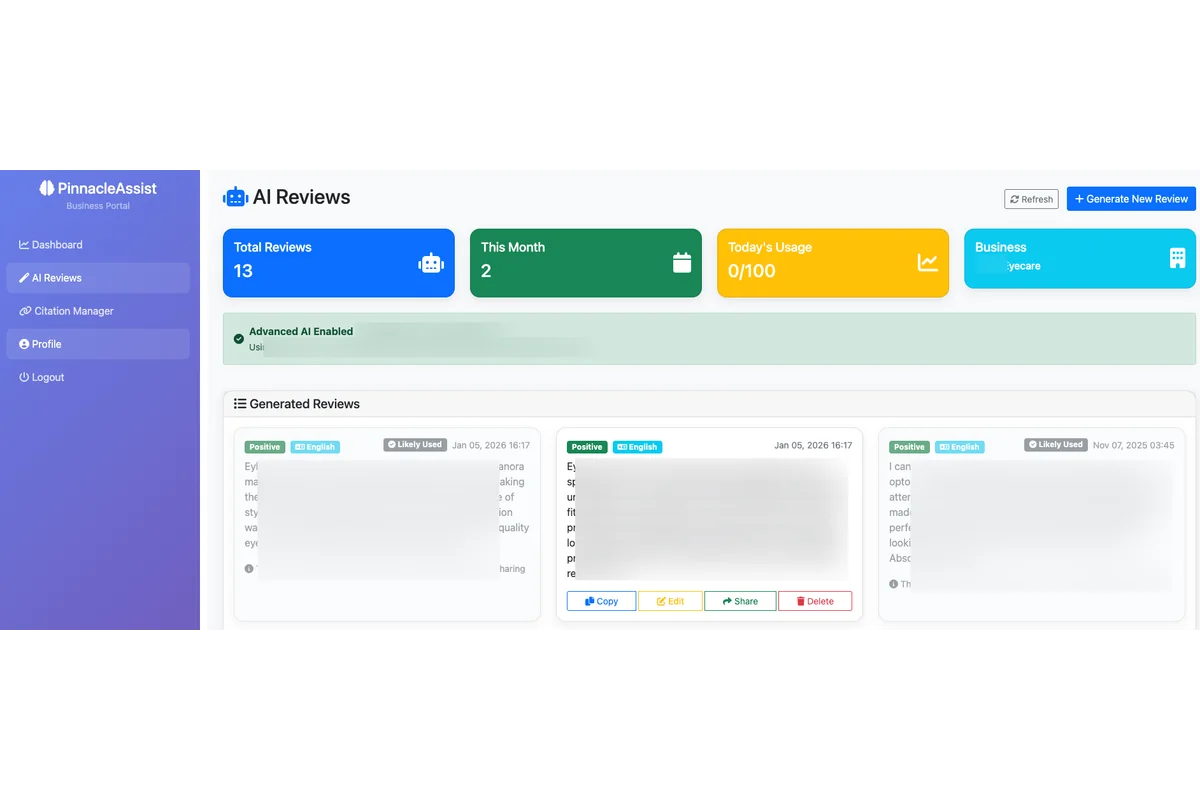 AI Google Review Generation Interface
